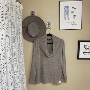 DKNY Womens Cowl Neck Long Sleeve Marled Knit Sweater Taupe Brown L